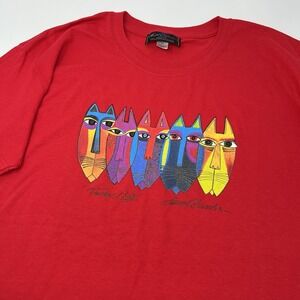 Vintage 90s Laurel Burch Tribal‎ Cat Pop Art Unisex Shirt Size XL Red Artsy